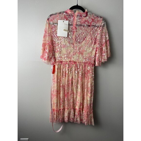 MAC DUGGAL 9148 Mini Dress Cocktail Flounce Sleeve Floral Pink Cream Size 4 NWT - Picture 8 of 8